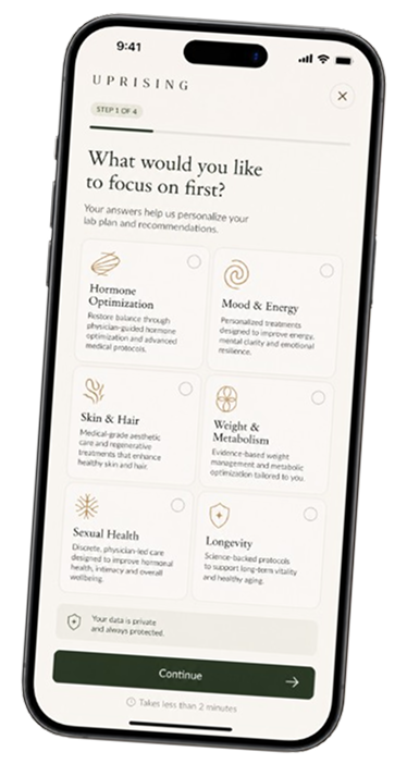 The Uprising app asking which health area you would like to focus on first